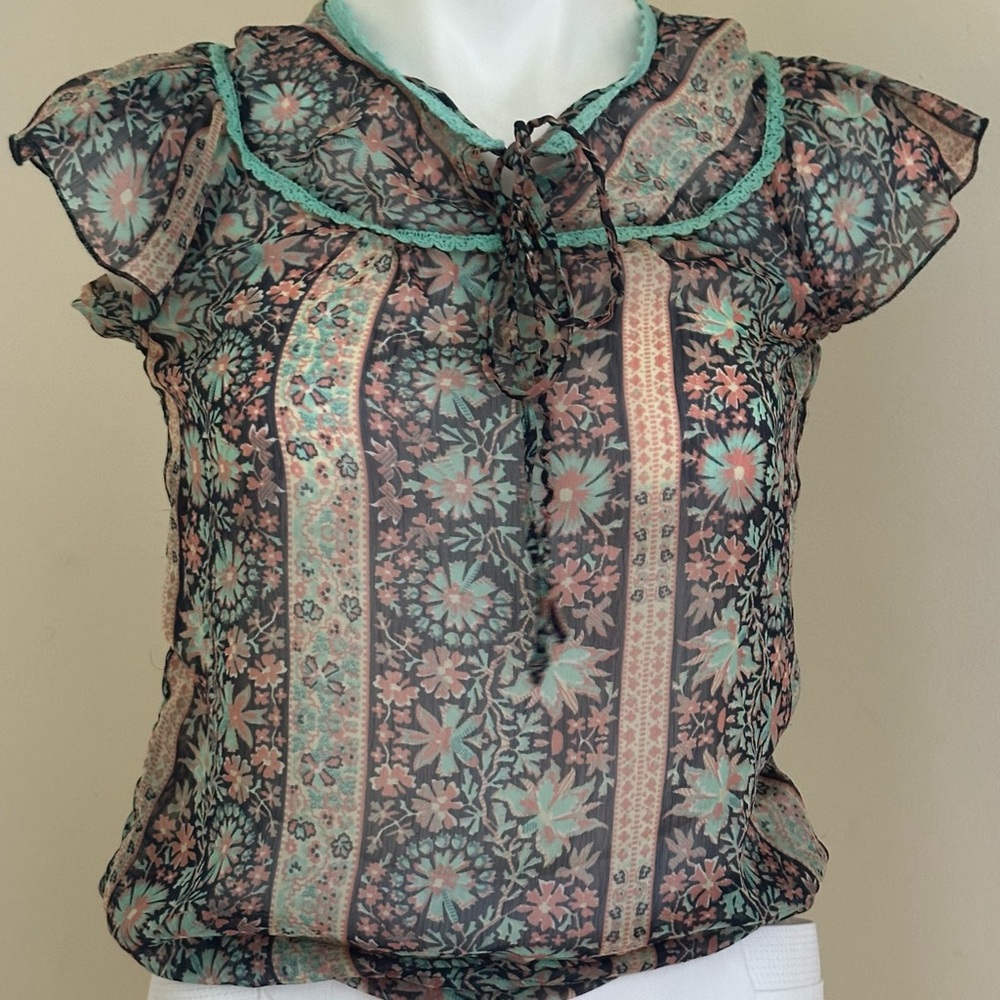 GLOBUS Green Blue Pink Cream Floral Print Sheer Sailor Collar Cap Sleeves Sz XS